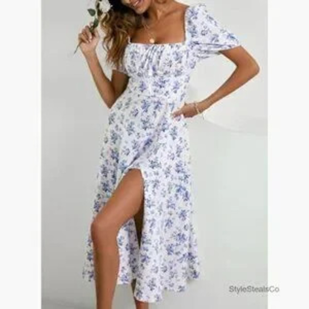 Floral Print Square Neck Midi Dress with Split Thigh and Tie Front - Picture 2 of 5